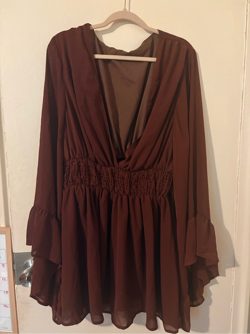 SHEIN Chocolate Brown V-Neck Ruffled Long-Sleeve Dress